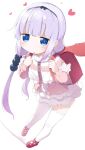  1girl :o backpack bag black_bow black_hairband blue_eyes blunt_bangs blush bow capelet commentary_request dress hair_bow hairband hands_up heart highres holding_strap kanna_kamui kobayashi-san_chi_no_maidragon leaning_forward long_hair looking_at_viewer makuran parted_lips pink_dress purple_hair randoseru red_footwear shadow shoes simple_background solo standing thighhighs very_long_hair white_background white_capelet white_thighhighs 