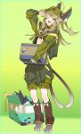  1girl ahoge box cat cat_girl cat_tail fangs full_body genshin_impact green_background green_eyes green_headwear green_jacket green_pants highres holding holding_box jacket kirara_(genshin_impact) light_brown_hair long_hair long_sleeves looking_at_viewer midriff one_eye_closed open_clothes open_jacket pants simple_background tail yoco_n 