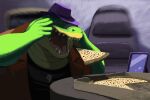  2023 alligator alligatorid anthro biped brok_(character) brok_the_investigator clothing crocodilian detailed_background eyes_closed food green_body hat headgear headwear hi_res humanoid_hands inside magic marurun meme overweight pizza pizza_box pizza_slice reptile scalie shirt solo topwear 