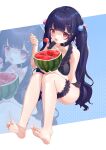  1girl absurdres bikini black_bikini black_choker blue_nails blunt_bangs blush breasts choker collarbone derivative_work eating fang feet food frilled_bikini frills fruit genshin_impact hair_ornament hairclip halterneck highres holding holding_food holding_fruit holding_spoon knees_up kuroida long_hair looking_at_viewer medium_breasts nail_polish open_mouth pink_nails pom_pom_(clothes) pom_pom_hair_ornament purple_hair red_eyes sidelocks sitting skin_fang soles solo spoon sweatdrop swimsuit thigh_strap toenail_polish toenails toes twintails watermelon yun_jin_(genshin_impact) zoom_layer 