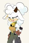  absurd_res anthro bell belt big_breasts bovid breasts caprine ethan8bit female fur green_eyes hand_on_hip hi_res horn lanolin_(sonic_the_hedgehog) looking_down mammal sheep simple_background solo white_background white_body wool_(fur) 