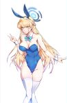  1girl animal_ears aqua_bow aqua_bowtie bare_arms bare_shoulders blonde_hair blue_archive blue_hair blue_hairband blue_leotard blush bow bowtie breasts bunny_day cleavage closed_mouth depo_(typebaby505) detached_collar fake_animal_ears feet_out_of_frame hairband halo hand_up highleg highleg_leotard highres large_breasts leotard long_hair looking_at_viewer playboy_bunny rabbit_ears smile solo thighhighs thighs toki_(blue_archive) toki_(bunny)_(blue_archive) v white_thighhighs wrist_cuffs 