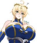  1girl ? ahoge artoria_pendragon_(fate) artoria_pendragon_(lancer)_(fate) black_leotard blue_gloves breasts bright_pupils cleavage_cutout clothing_cutout commentary_request crown elbow_gloves fate/grand_order fate_(series) gloves green_eyes high_collar highres huge_breasts impossible_clothes impossible_leotard konpeito_416 leotard lips short_hair_with_long_locks sidelocks signature skin_tight sleeveless solo white_pupils 