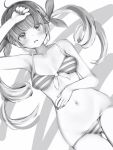  1girl absurdres ahoge bare_arms bare_shoulders bikini blunt_bangs blush braid breasts collarbone frown greyscale groin hand_on_own_head hand_on_own_stomach highres hololive long_hair looking_at_viewer medium_breasts minato_aqua monochrome multicolored_hair nanashi_(nlo) navel simple_background skindentation solo stomach striped striped_bikini swimsuit thigh_gap twintails virtual_youtuber 