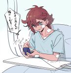  1girl bandage_on_face bandages bandaid bed blue_eyes gundam gundam_suisei_no_majo hair_between_eyes highres holding holding_jewelry holding_ring hospital hospital_bed hospital_gown injury intravenous_drip jewelry knightym22 red_hair ring ring_box solo suletta_mercury thick_eyebrows translation_request wedding_ring 