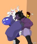  &lt;3 absurd_res angry anthro bedroom_eyes big_breasts big_butt blush bovid breasts brown_eyes butt butt_grab caprine clothing deltarune dragon dress female goat group hand_on_butt hi_res human jealous kris_(deltarune) lexington_ulfric_izunia male male/male mammal narrowed_eyes nipple_outline purple_eyes seductive shimmshamm suprised_look tongue tongue_out toriel trio undertale_(series) wetwaffls wyvern 