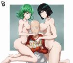  1boy 2girls 3: :| absurdres artist_name bald bare_arms black_hair breasts closed_mouth clothed_male_nude_female collarbone commentary completely_nude crossed_arms curly_hair english_commentary expressionless floating_hair frown fubuki_(one-punch_man) glowing green_eyes green_hair grey_background hand_on_another&#039;s_chin highres hood hood_down keihh kneeling large_breasts legs looking_at_another looking_at_viewer looking_down medium_breasts multiple_girls nose nude one-punch_man saitama_(one-punch_man) shimaidon_(sex) short_hair siblings sideboob signature simple_background sisters straight_hair tatsumaki thighs two-tone_hoodie v-shaped_eyebrows 