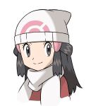  1girl beanie black_hair closed_mouth coat commentary_request dawn_(pokemon) eyelashes grey_eyes hair_ornament hairclip hat long_hair looking_at_viewer pokemon pokemon_(game) pokemon_dppt pokemon_platinum portrait red_coat sawa_(soranosawa) scarf sidelocks simple_background smile solo white_background white_headwear white_scarf 