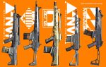  2023 artist_name assault_rifle asterozoa bullpup english_commentary gun highres no_humans orange_background original rifle sideways submachine_gun weapon weapon_focus 