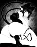  1girl animal_ears ass bare_shoulders blunt_bangs blush bow braid breasts cat_ears cat_girl cat_tail commentary_request curvy extra_ears full_body greyscale hair_bow haseru_(ginku_mh) high_heels huge_breasts kaenbyou_rin leg_up looking_at_viewer monochrome multiple_tails nekomata open_mouth pointy_ears side_braids sidelocks solo squatting tail touhou twin_braids two_tails 