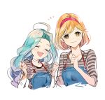  2girls :d blonde_hair blue_hair blue_overalls choker closed_eyes collarbone cropped_torso cunonn djeeta_(granblue_fantasy) granblue_fantasy hair_intakes hairband long_hair long_sleeves looking_at_viewer lyria_(granblue_fantasy) medium_hair multiple_girls overalls pink_hairband shirt simple_background sketch smile striped striped_shirt upper_body white_background white_choker yellow_eyes 