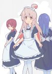  3girls absurdres ahoge alternate_costume aqua_hair blue_hair closed_eyes commentary english_commentary enmaided facing_away highres long_hair looking_at_viewer low_twintails maid maid_headdress multicolored_hair multiple_girls murosaki_miyo onii-chan_wa_oshimai! oyama_mahiro pantyhose pink_hair puffy_short_sleeves puffy_sleeves red_hair retoleedraws short_sleeves simple_background skirt_hold smile tenkawa_nayuta twintails two-tone_hair white_pantyhose 