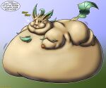  2021 absurd_res ambiguous_gender belly big_belly blush breath digital_media_(artwork) eeveelution english_text feral generation_4_pokemon hi_res huge_belly leafeon morbidly_obese morbidly_obese_feral nintendo obese obese_feral open_mouth overweight overweight_feral pokemon pokemon_(species) text tongue tongue_out 