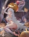  absurdres ass azur_lane bandages barefoot blunt_bangs breasts candle closed_mouth commission curvy from_behind grabbing_own_breast grey_eyes grey_hair halloween hand_on_own_chest highres indoors jack-o&#039;-lantern large_breasts long_hair looking_at_viewer looking_back manjuu_(azur_lane) mouth_hold mummy_costume naked_bandage night pixiv_commission plump pumpkin sideboob smile soles toes underboob very_long_hair vittorio_veneto_(azur_lane) window yoyoleaf 
