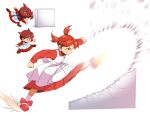  1girl arc_the_lad bow chibi choko_(arc_the_lad) closed_mouth dress full_body kicking ooo red_eyes red_hair redrawn shoes short_hair short_twintails simple_background skirt socks solo sprite twintails white_background 