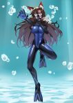  1girl absurdres ailu_elf air_bubble asphyxiation bodysuit bubble diving diving_mask diving_regulator diving_suit drowning flippers goggles highres holding_breath imaizumi_kagerou scuba scuba_gear skin_tight solo touhou underwater wetsuit 