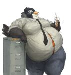  2021 anthro avian belly beverage big_belly bird bottomwear cabinet cettus clothed clothing container cup disposable_cup drawer dress_shirt feathers filing_cabinet grey_body grey_feathers hi_res holding_beverage holding_object leaning leaning_on_object male necktie obese obese_anthro obese_male office orange_belly oscine overweight overweight_anthro overweight_male pants passerine robin_(bird) shirt simple_background solo standing straw topwear white_background 