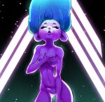  80&#039;s_theme anthro blue_hair breasts detailed_background eyes_closed female hair hand_on_chest nipples nude open_mouth purple_body scratchdex shaded solo standing synthwave thigh_gap 