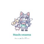  3girls :3 =_= aged_down animal_ears baby blonde_hair blush_stickers cat_ears cat_girl cat_tail character_name chibi closed_eyes commentary doughnut_print english_commentary gawr_gura gokigen_naname grey_hair hair_ornament hairclip highres hololive hololive_english indie_virtual_youtuber instagram_username monja_(monja0521) multicolored_hair multiple_girls nachoneko pixiv_username simple_background streaked_hair tail twintails twitter_username virtual_youtuber white_background |_| 