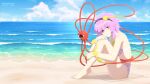  1girl absurdres alternate_costume barefoot beach bikini black_hairband blue_sky closed_mouth cloud commentary_request full_body hairband heart highres knees_up komeiji_satori light_smile looking_at_viewer pink_bikini pink_eyes pink_hair restra25 shaded_face shore short_hair sitting sky solo swimsuit third_eye touhou water 