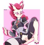  anthro bannycafe blush canid canine claws clothing damaged_clothing duo female fox fur hair hi_res human kimiko_five_tails latex male male/female mammal paws ponytail red_body red_eyes red_fur red_hair white_body white_fur 