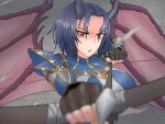  2023 armor arueshalae blue_armor breasts clothing demon demon_humanoid digital_media_(artwork) female fingerless_gloves gloves handwear hi_res holding_bow_(weapon) holding_object holding_weapon horn humanoid looking_at_viewer massaq_oekaki membrane_(anatomy) membranous_wings not_furry open_mouth pathfinder pathfinder:_wrath_of_the_righteous red_eyes solo spread_wings weapon wings 