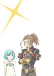  1boy 1girl :d black_coat blue_eyes brown_hair closed_mouth coat crossed_arms dress flower green_hair hair_flower hair_ornament iona_(xenoblade) long_hair long_sleeves minotaur minoth_(xenoblade) mizuki_riko open_mouth orange_eyes pink_flower ponytail scar scar_across_eye short_hair short_sleeves smile upper_body white_background white_dress xenoblade_chronicles_(series) xenoblade_chronicles_2 xenoblade_chronicles_2:_torna_-_the_golden_country 