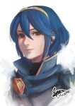  1girl artist_name blue_eyes blue_hair closed_mouth cm_lynarc fire_emblem fire_emblem_awakening hair_between_eyes highres looking_at_viewer lucina_(fire_emblem) official_alternate_hairstyle short_hair signature smile solo symbol_in_eye tiara upper_body white_background 