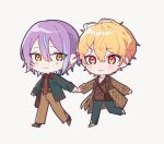  2boys :3 antenna_hair black_shirt blonde_hair blush brown_bag brown_coat brown_pants brown_vest chibi closed_mouth coat collared_shirt double-parted_bangs green_jacket green_pants holding_hands jacket kamishiro_rui looking_at_another male_focus multicolored_hair multiple_boys necktie pants project_sekai purple_hair red_necktie shirt short_hair simple_background smile streaked_hair tenma_tsukasa vest white_background won_won yellow_eyes zozotown 