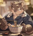  absurd_res anthro asian_clothing blush bowl canid canine canis chopsticks clothing container domestic_dog east_asian_clothing eating egg eyebrows food fur grey_body grey_fur hi_res japanese_clothing kimono lifewonders male mammal moritaka noodles ramen scar solo thick_eyebrows tokyo_afterschool_summoners yed 