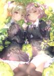  2girls ahoge andou_tazusa assault_lily black_ribbon black_skirt black_thighhighs blonde_hair blush brown_eyes buttons closed_mouth clover_hair_ornament commentary_request cowboy_shot cropped_jacket dappled_sunlight day four-leaf_clover_hair_ornament frilled_skirt frills grass hair_between_eyes hair_ornament hands_up high-waist_skirt highres hitotsuyanagi_riri holding_hands houji_tea_latte juliet_sleeves long_sleeves looking_at_viewer looking_to_the_side lying miniskirt multiple_girls neck_ribbon on_grass on_ground on_side one_side_up pink_hair ponytail puffy_sleeves ribbon school_uniform shirt short_hair skirt smile sunlight thighhighs white_shirt yuri yurigaoka_girls_academy_school_uniform 