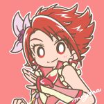  1girl blush butterfly_earrings clenched_hand closed_mouth cure_rouge earrings eyelashes flipped_hair flower hair_flower hair_ornament highres jewelry mayena natsuki_rin outline popped_collar precure red_background red_hair signature sleeveless smile solo upper_body white_outline yes!_precure_5 