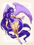  2022 amethystdust_(character) anthro armwear breasts clothed clothing dragon elbow_gloves feathered_wings feathers female gloves gold_(metal) hair handwear horn long_hair luckypan midriff navel purple_body purple_hair purple_scales scales solo tail unicorn_horn wings yellow_eyes 