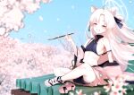  1girl :d absurdres ahoge animal_ear_fluff animal_ears arm_support armpits ass black_eyes black_shorts blue_archive blurry cherry_blossoms commentary_request depth_of_field falling_petals flat_chest fox_ears fox_girl fox_tail geta half-closed_eyes halo highres holding holding_smoking_pipe indian_style japanese_clothes kuzunoha_(blue_archive) long_hair long_sleeves looking_at_viewer maria_(syake-uni) navel one_side_up parted_bangs petals short_shorts shorts sidelocks sitting sleeveless smile smoking_pipe solo stomach tail tank_top thick_eyebrows white_hair wide_sleeves wind 
