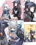  ... 2girls animal_ears arknights black_hair book cat_ears cat_girl cat_tail gloves green_hair highres jessica_(arknights) long_hair multicolored_hair multiple_girls na_tarapisu153 rosmontis_(arknights) short_hair sitting tail translation_request white_hair 