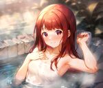 1girl armpits bare_arms bare_shoulders blurry blurry_background blush breasts closed_mouth collarbone commentary_request day depth_of_field fingernails hand_on_own_chest hands_up highres idolmaster idolmaster_million_live! long_hair looking_at_viewer medium_breasts naked_towel nose_blush onsen outdoors partially_submerged qianlou_(qianlou12374) raised_eyebrows red_eyes red_hair rock sidelocks smile solo steam tanaka_kotoha towel upper_body water 
