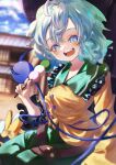  1girl :d absurdres blue_eyes blue_sky blurry blurry_background calpis118 cloud commentary_request dango food green_hair green_skirt highres holding holding_food komeiji_koishi long_sleeves looking_at_viewer open_mouth outdoors sanshoku_dango shirt short_hair skirt sky smile solo teeth third_eye touhou upper_teeth_only wagashi yellow_shirt 