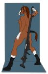  alpha_channel anthro black_body boots boots_only breasts brown_body brown_hair butt clothing digital_media_(artwork) equid equine female fingers footwear footwear_only fur gloves_(marking) gun hair hi_res holding_object holding_weapon horse leg_markings looking_at_viewer looking_back looking_back_at_viewer mammal mane markings mostly_nude multicolored_body multicolored_fur nipples object_between_cheeks ranged_weapon rebeldragon101 rifle shoes shoes_only simple_background smile socks_(marking) solo standing tail tail_wraps weapon white_body wraps 