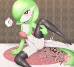  1girl ? arm_support black_thighhighs blush bob_cut closed_mouth clothed_pokemon colored_skin commentary_request flat_chest gardevoir green_hair green_skin hair_over_one_eye hand_up heart highres leg_up legs looking_at_viewer multicolored_skin no_pussy one_eye_covered outline pokemon pokemon_(creature) presenting red_eyes shiny_clothes shiny_skin short_hair sitting solo speech_bubble split_mouth spoken_heart spoken_question_mark spread_legs tahita thighhighs thighs translation_request two-tone_skin white_outline white_skin 