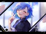  1girl 3968 black_shirt blue_hair blue_necktie cellphone collared_shirt dolphin_hair_ornament fang happy_birthday highres necktie nijisanji nishizono_chigusa phone shirt short_hair short_sleeves skin_fang smartphone solo v virtual_youtuber 