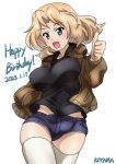  1girl 9s0ykoyama117 blonde_hair blue_eyes breasts dated girls_und_panzer highres jacket kay_(girls_und_panzer) looking_at_viewer medium_breasts open_mouth shorts socks solo thighhighs thumbs_up white_background white_socks 