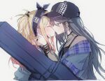  00xzzz1202 2girls baseball_cap black_eyes black_hair black_hairband black_headwear blonde_hair blue_jacket blush commentary cropped_torso ear_blush earrings from_side hairband hand_on_another&#039;s_neck hat heart highres hoshino_ichika_(project_sekai) instrument_case jacket jewelry kiss long_hair multiple_girls off_shoulder project_sekai see-through see-through_sleeves sidelocks simple_background studded_bracelet sweat symbol-only_commentary tenma_saki two_side_up upper_body white_background yuri 