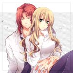  1boy 1girl ao_no_kiseki blonde_hair curly_hair eiyuu_densetsu green_eyes hajimari_no_kiseki hand_on_another&#039;s_hand hug hug_from_behind jewelry long_hair loose_necktie mireille_(eiyuu_densetsu) necktie randolph_orlando red_hair ring satsuki_(chaosmode) shirt sweater thighhighs wedding_ring zero_no_kiseki 