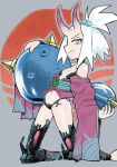  1girl 1her0 alcohol bikini black_bikini blue_eyes breasts cosplay drunk forehead freckles grey_background hair_bobbles hair_ornament horns japanese_clothes kimono looking_at_viewer pokemon pokemon_(game) pokemon_bw2 roxie_(pokemon) shuten_douji_(fate) shuten_douji_(fate)_(cosplay) sweat swimsuit topknot weezing white_hair 