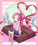  1girl 2019 absurdres alternate_hairstyle boots casual chocolate commentary_request eyelashes fur-trimmed_boots fur_trim hanasaki_tsubomi happy happy_valentine heart heartcatch_precure! high_ponytail high_side_ponytail highres knee_boots long_hair looking_at_viewer matatabi_(karukan222) pantyhose pink_eyes pink_hair pink_sweater ponytail precure side_ponytail sitting smile solo sweater valentine 