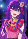  1girl :d absurdres blush frills gloves hair_ornament highres holding holding_microphone hoshino_ai_(oshi_no_ko) kkato long_hair looking_at_viewer microphone open_mouth oshi_no_ko pink_gloves purple_eyes purple_hair smile solo star-shaped_pupils star_(symbol) symbol-shaped_pupils teeth 