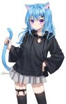  1girl animal_ear_fluff animal_ears anz32 black_collar black_hoodie black_thighhighs blue_hair cat_ears cat_girl cat_tail closed_mouth collar ear_piercing grey_skirt hair_between_eyes hair_ornament hand_on_own_hip hood hood_down hoodie long_hair long_sleeves looking_at_viewer original piercing pleated_skirt purple_eyes simple_background skirt solo standing tail tail_grab thighhighs twitter_username white_background wide_sleeves x_hair_ornament 