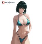  1girl artist_name bikini black_hair bob_cut breasts cleavage collarbone cowboy_shot feikyart fubuki_(one-punch_man) green_bikini green_eyes grin groin hand_on_own_hip large_breasts looking_at_viewer navel one-punch_man patreon_username short_hair simple_background smile solo stomach swimsuit white_background 