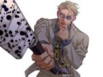  1boy animal_print belt brown_belt brown_eyes collared_shirt commentary_request cowboy_shot goggles grey_jacket grey_pants grey_suit hand_on_own_chin holding holding_knife holding_weapon jacket jujutsu_kaisen kijinkutsu knife leopard_print long_sleeves looking_at_viewer male_focus nanami_kento necktie pants shirt solo suit teeth upper_teeth_only watch weapon white_background wristwatch 