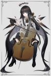  1girl absurdly_long_hair antenna_hair arknights artist_name ascot belt belt_buckle black_ascot black_eyes black_footwear black_gloves black_hair black_halo black_pouch black_shirt black_skirt black_thighhighs black_wings blunt_bangs bow_(music) broken_halo buckle buttons card card_background cello chinese_commentary cigarette_p closed_mouth collared_jacket colored_inner_hair commentary_request dark_halo detached_wings dress_shirt energy_wings full_body gloves grey_hair halo hands_up high_heels highres hime_cut holding holding_bow_(music) holding_instrument holding_violin instrument invisible_chair invisible_floor jacket layered_sleeves light_smile long_hair long_sleeves looking_at_viewer miniskirt mole mole_under_eye multicolored_hair music pale_skin playing playing_instrument pleated_skirt pouch shirt short_over_long_sleeves short_sleeved_jacket short_sleeves sidelocks simple_background sitting skirt solo spread_legs strappy_heels thighhighs two-tone_hair very_long_hair violin virtuosa_(arknights) weibo_logo weibo_username white_background white_belt white_jacket wide_sleeves wings zettai_ryouiki 